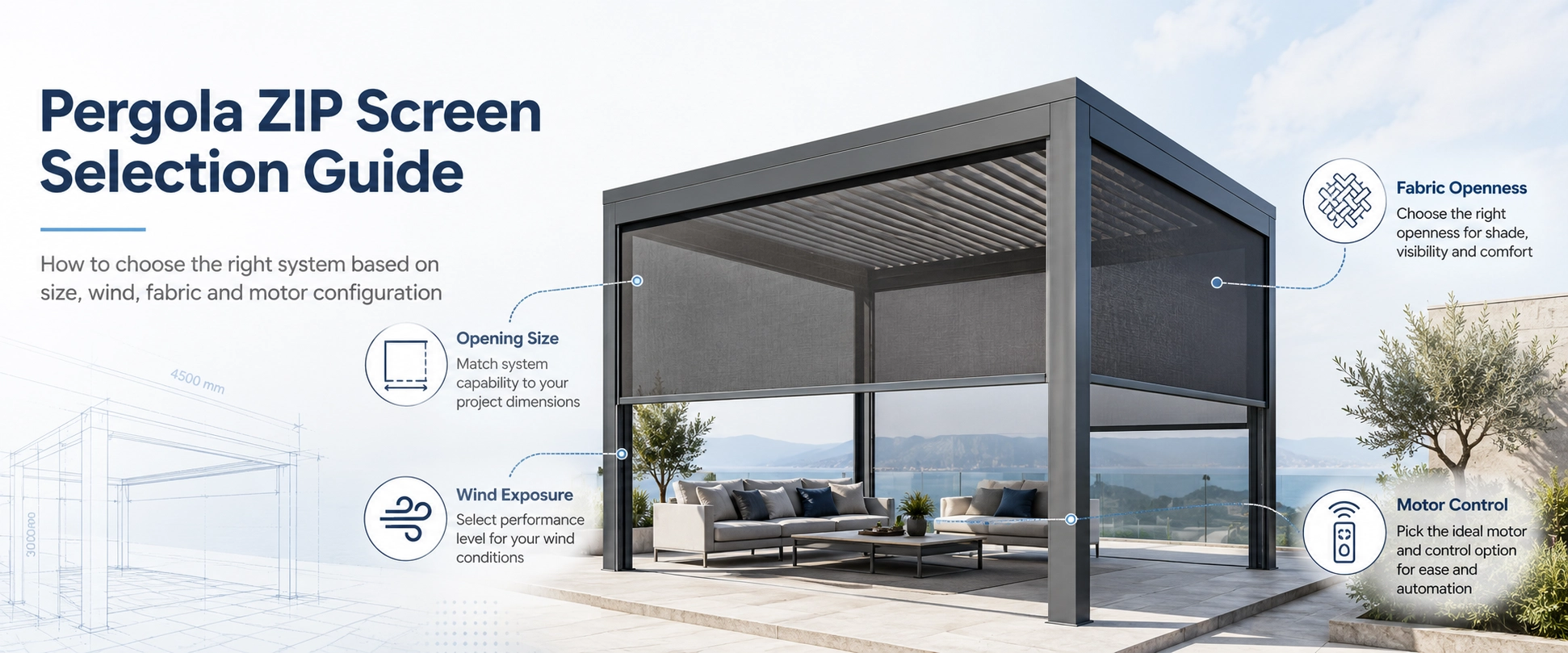 Pergola ZIP Screen system selection based on size and wind conditions